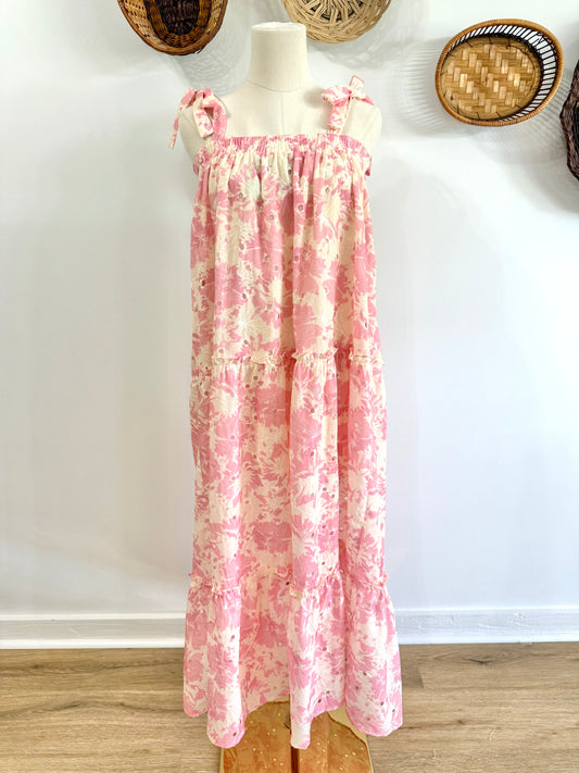 The Vayla Floral Eyelet Tiered Maxi Dress in Pink