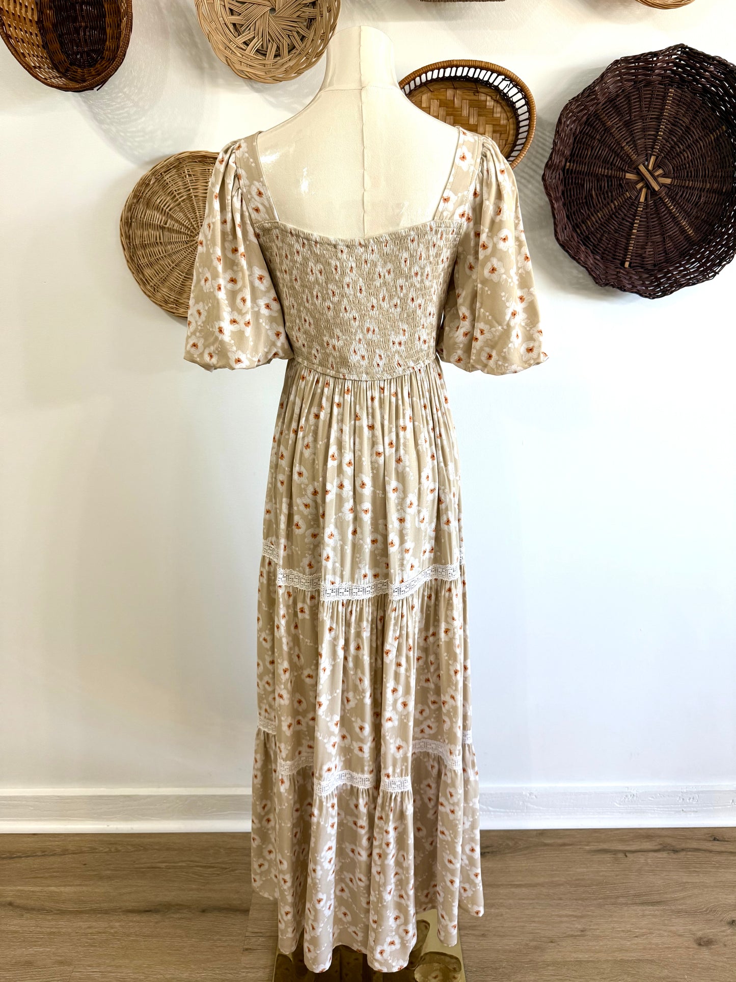The Ayla Puff Sleeve Floral Maxi Dress in Tan