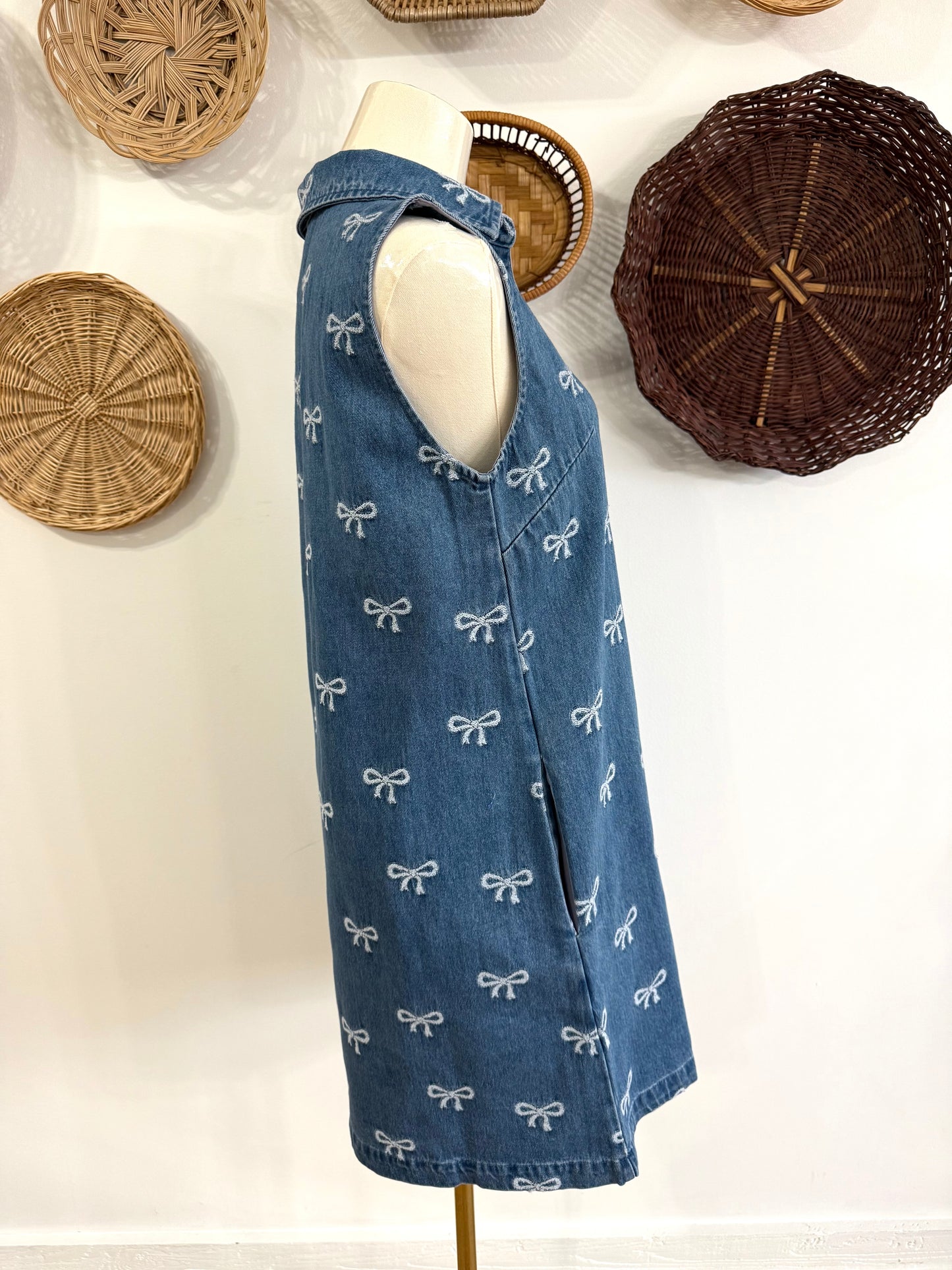 The Linden Bow Print Denim Collared Dress