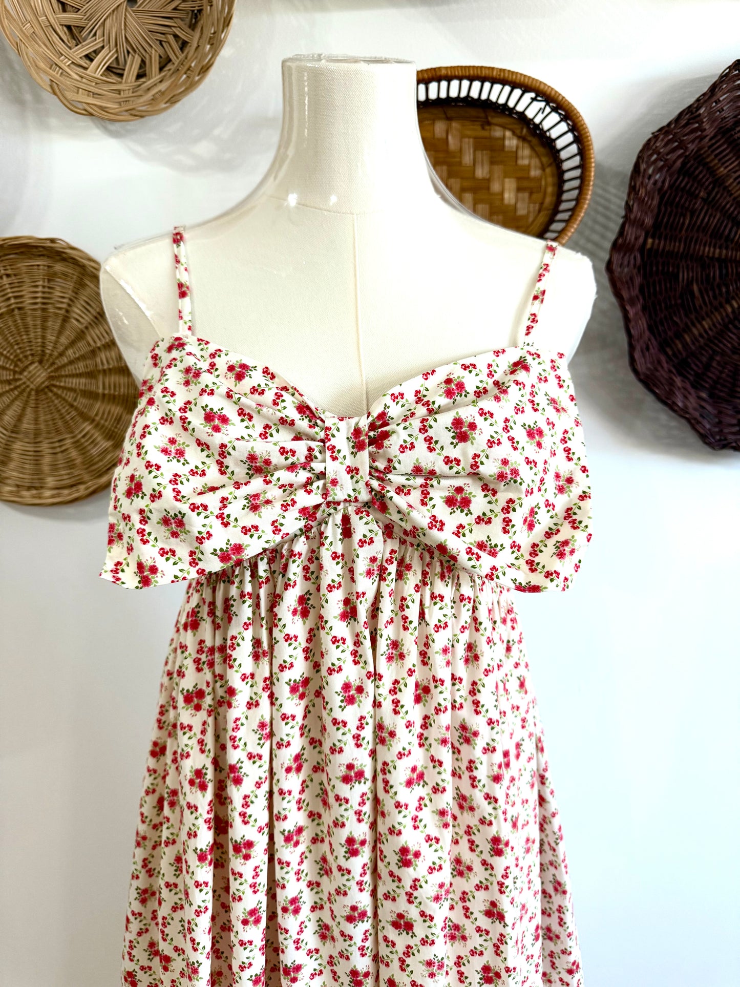 The Talia Pink & Ivory Floral Midi Dress w/ Bow Detail
