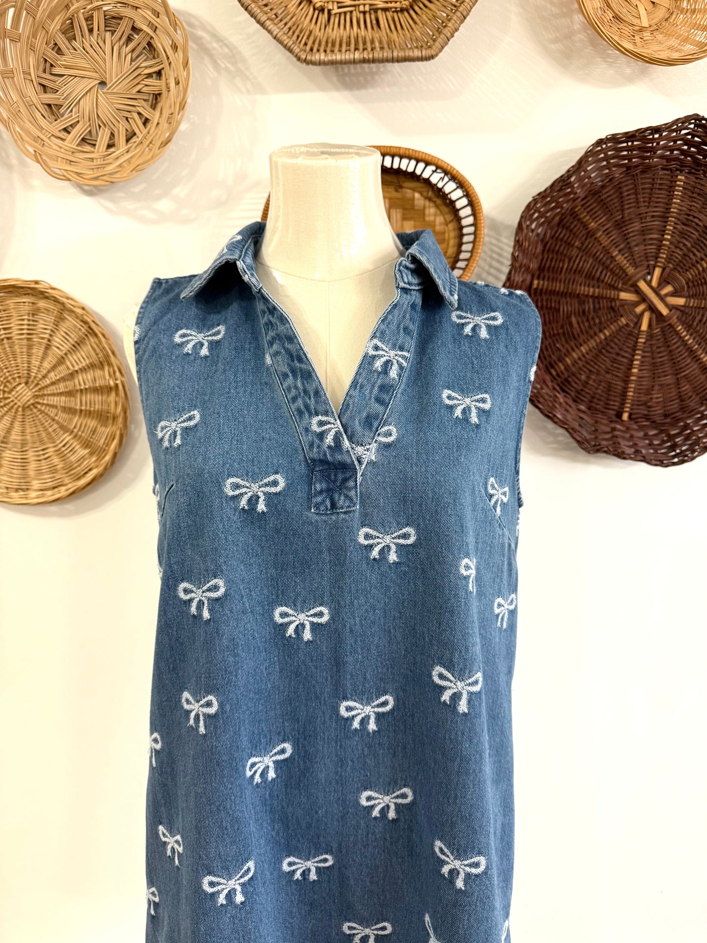 The Linden Bow Print Denim Collared Dress