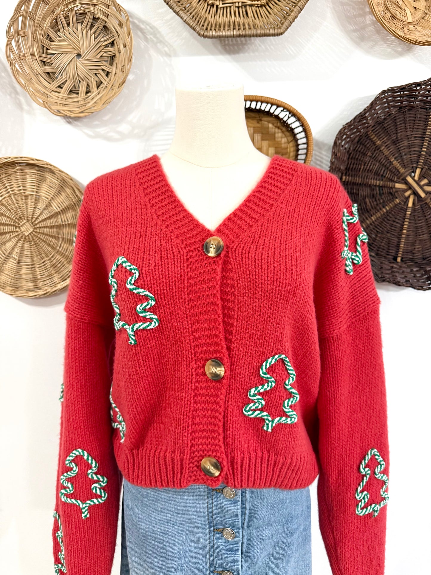 The 3D Christmas Tree Cardigan in Red