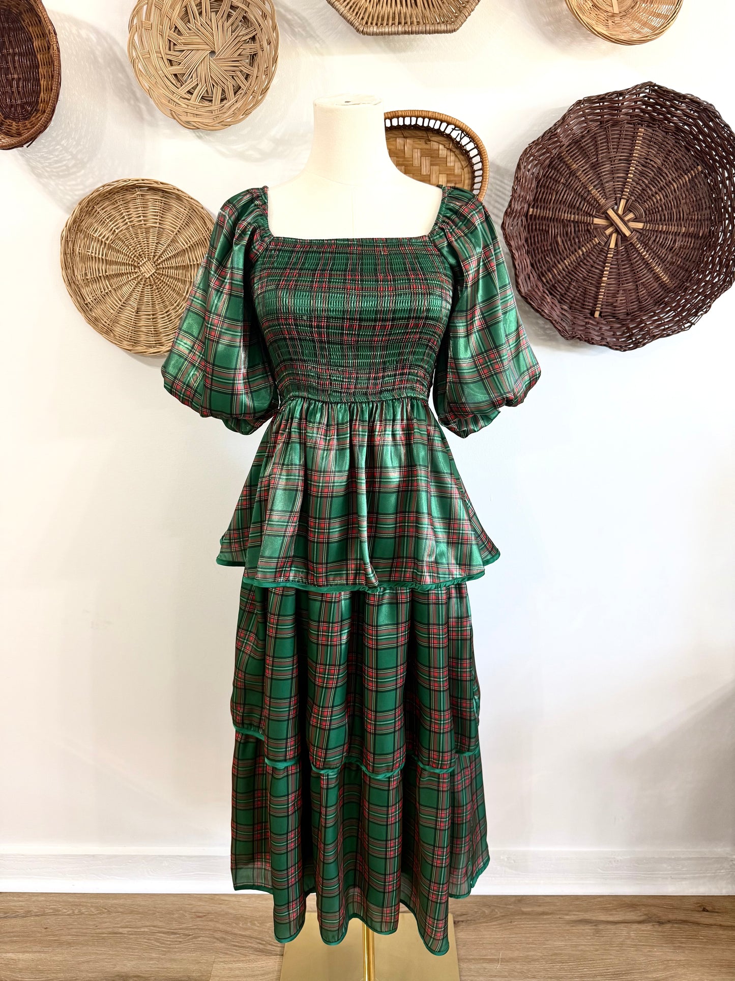 The Merry Tiered Ruffle Midi Dress in Evergreen Plaid