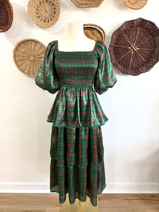 The Merry Tiered Ruffle Midi Dress in Evergreen Plaid
