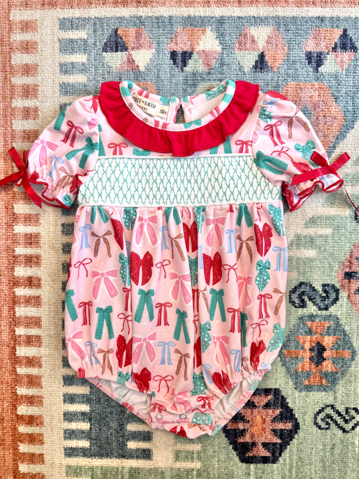 Smocked Bow Print Ruffle Bubble