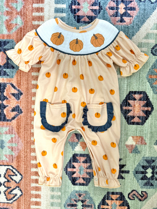 Smocked Pumpkin Print Ruffle Romper in Khaki