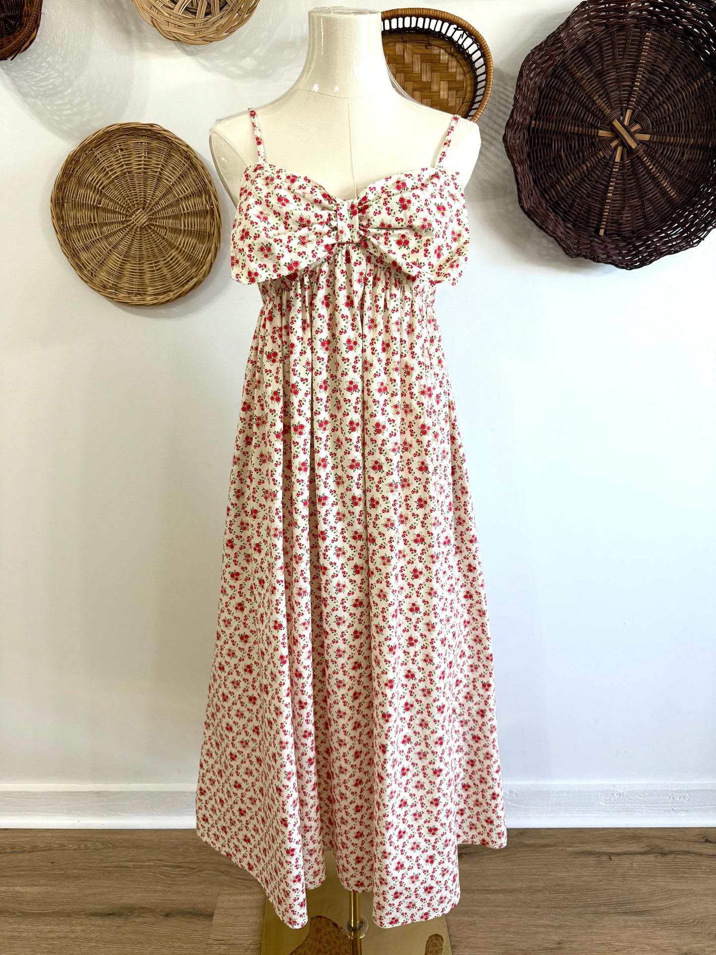 The Talia Pink & Ivory Floral Midi Dress w/ Bow Detail