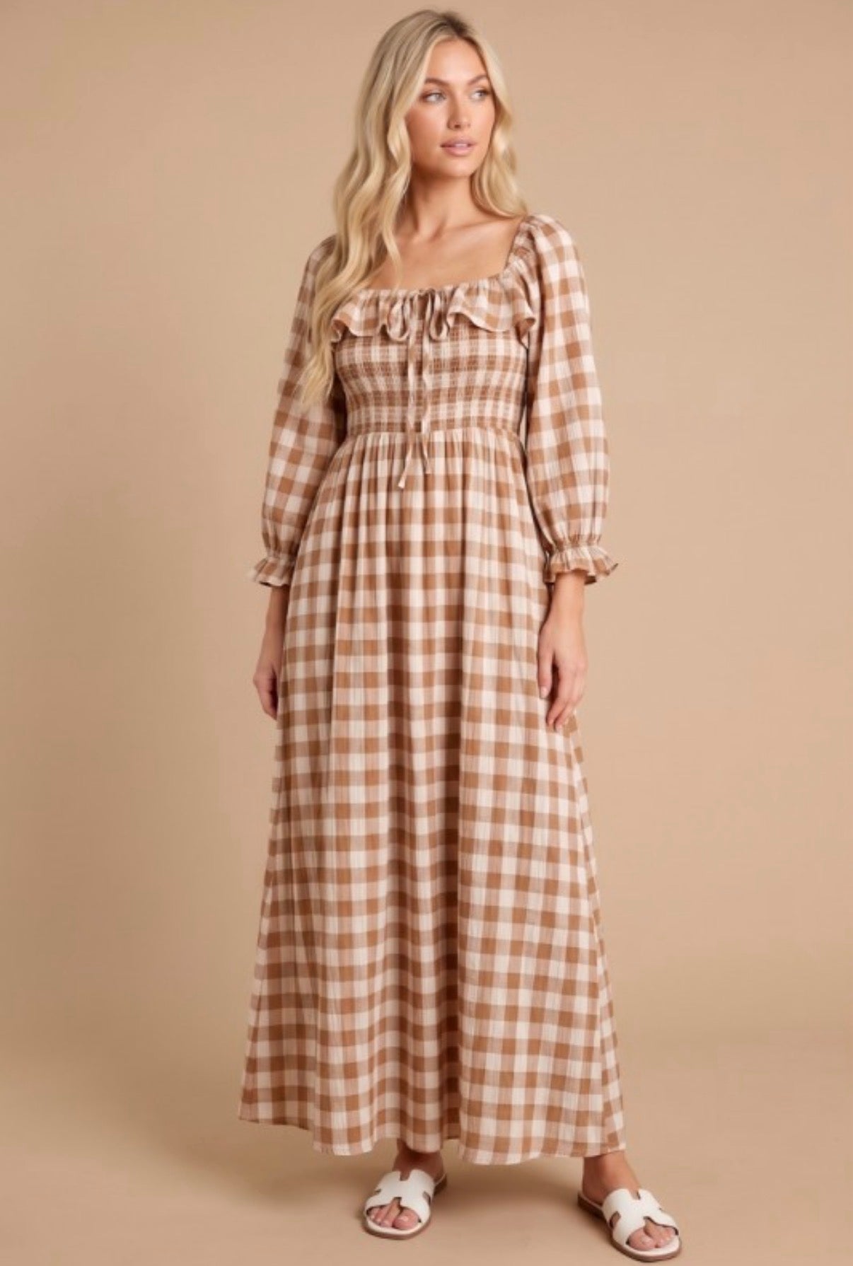 The Haven Gingham Maxi Dress in Tan
