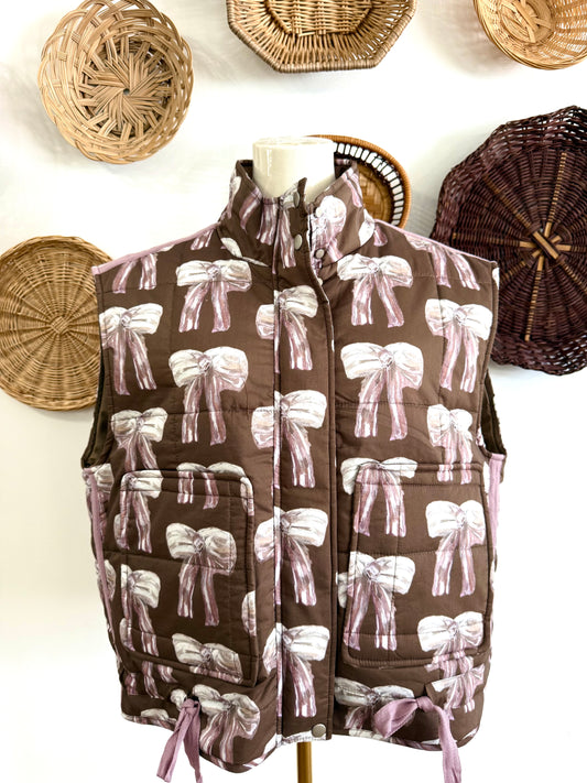 The Blare Bow Puffer Vest in Brown