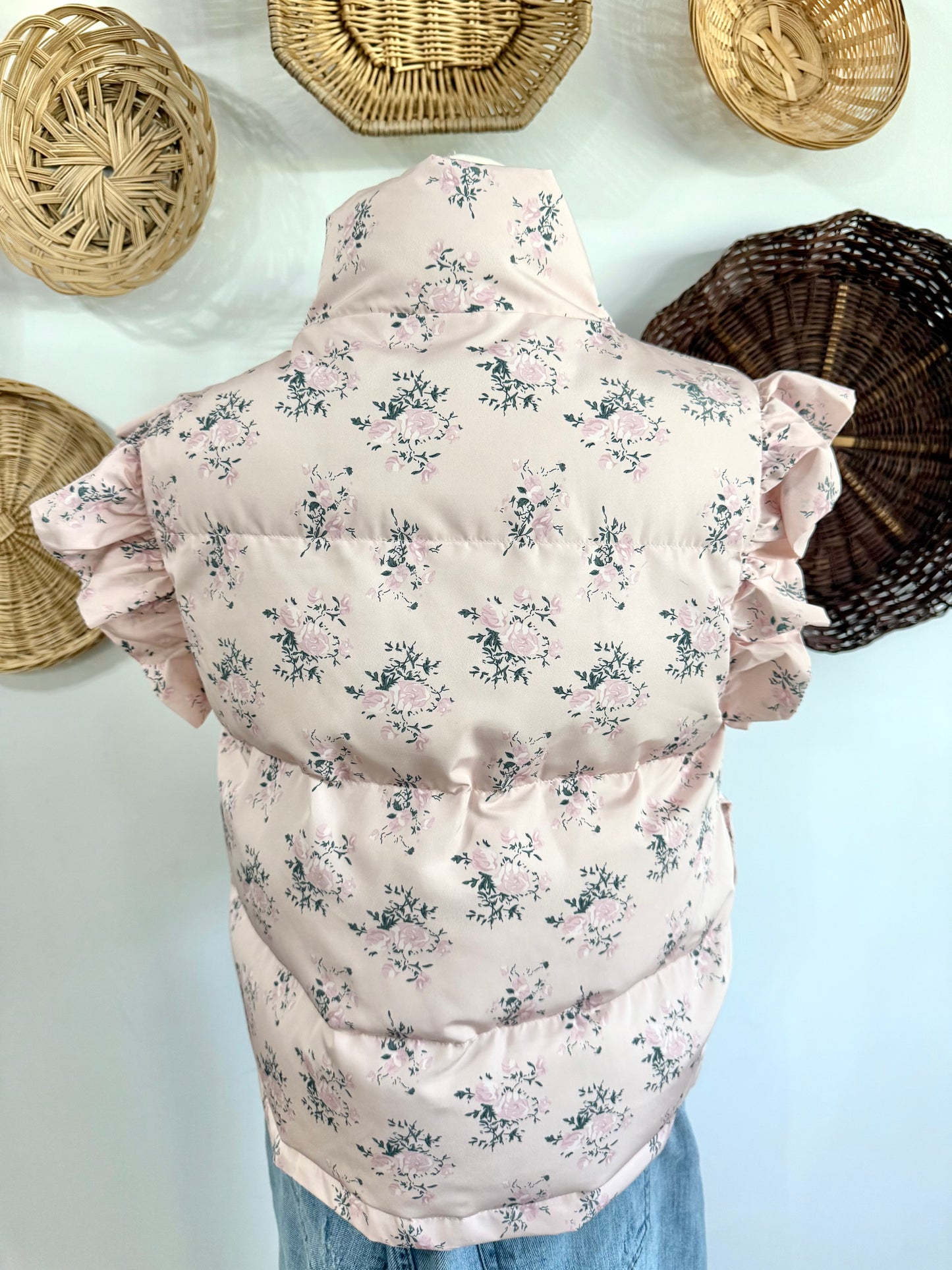 The Ottilie Floral & Bow Detail Puffer Vest in Pink