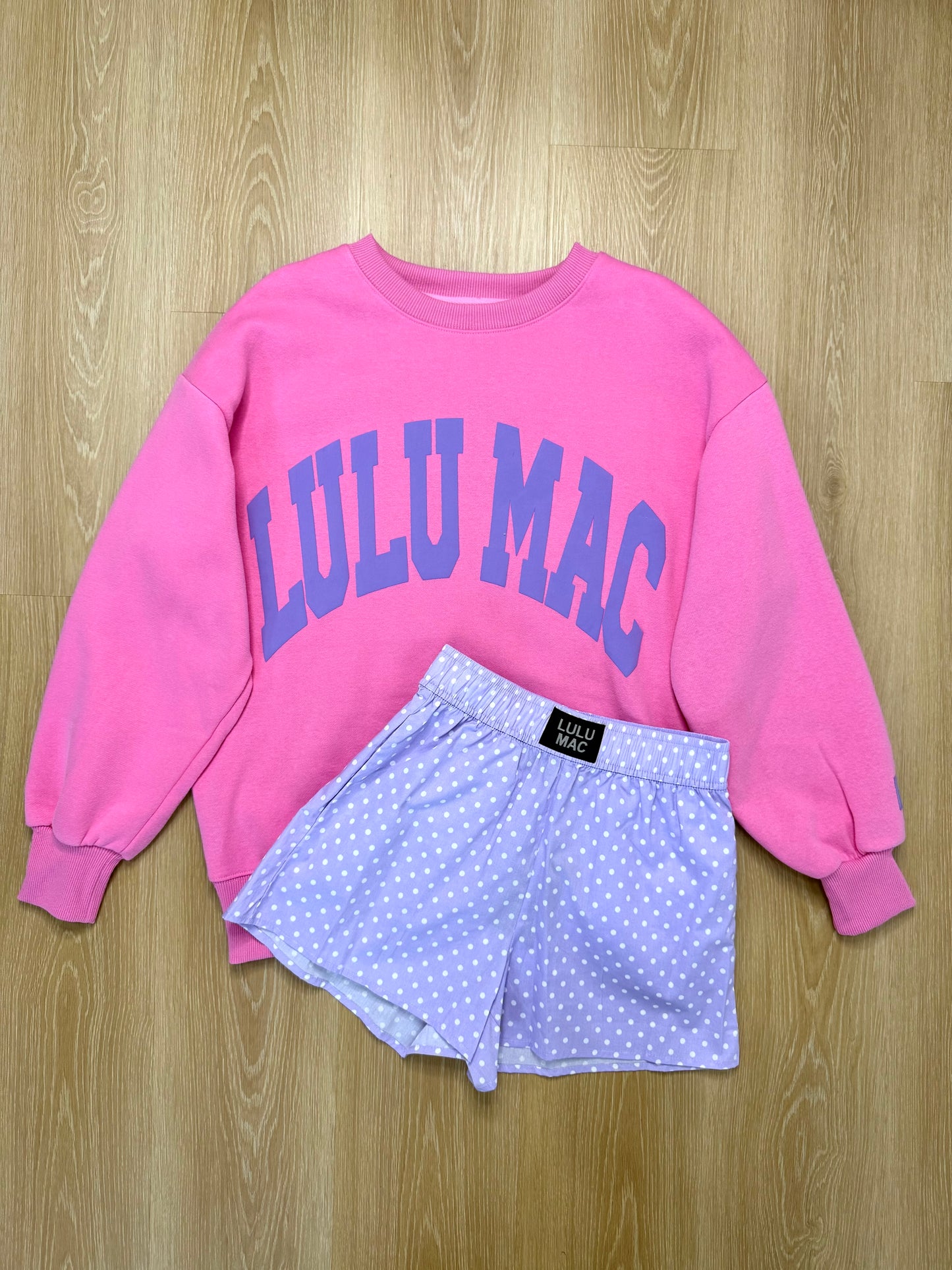 LULU MAC XS-S Set w/ Bubble Gum Sweatshirt & Lavender Polka Dot Shorts