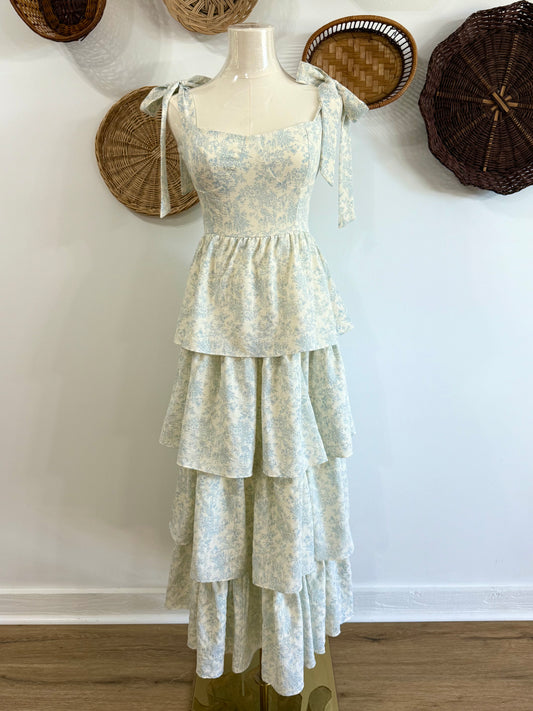 The Shae Floral Ruffle Tiered Maxi Dress in Blue & White