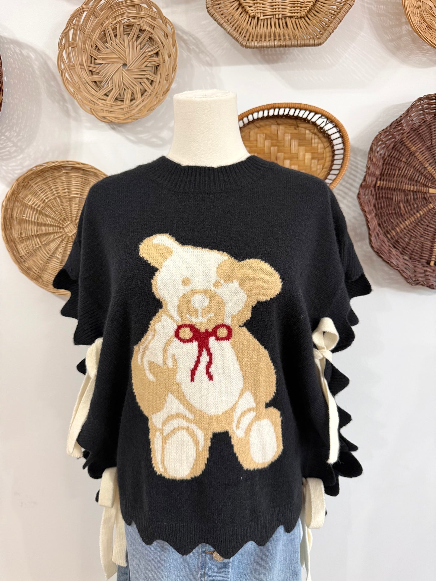 The Ralph Teddy Bear Sweater w/ Bow Detail in Black