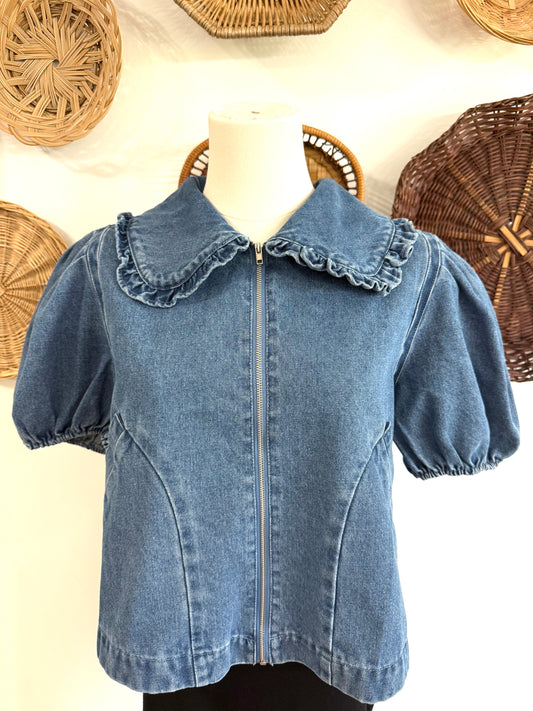 The Claire Cropped Peter Pan Collar Zip Up Top in Denim