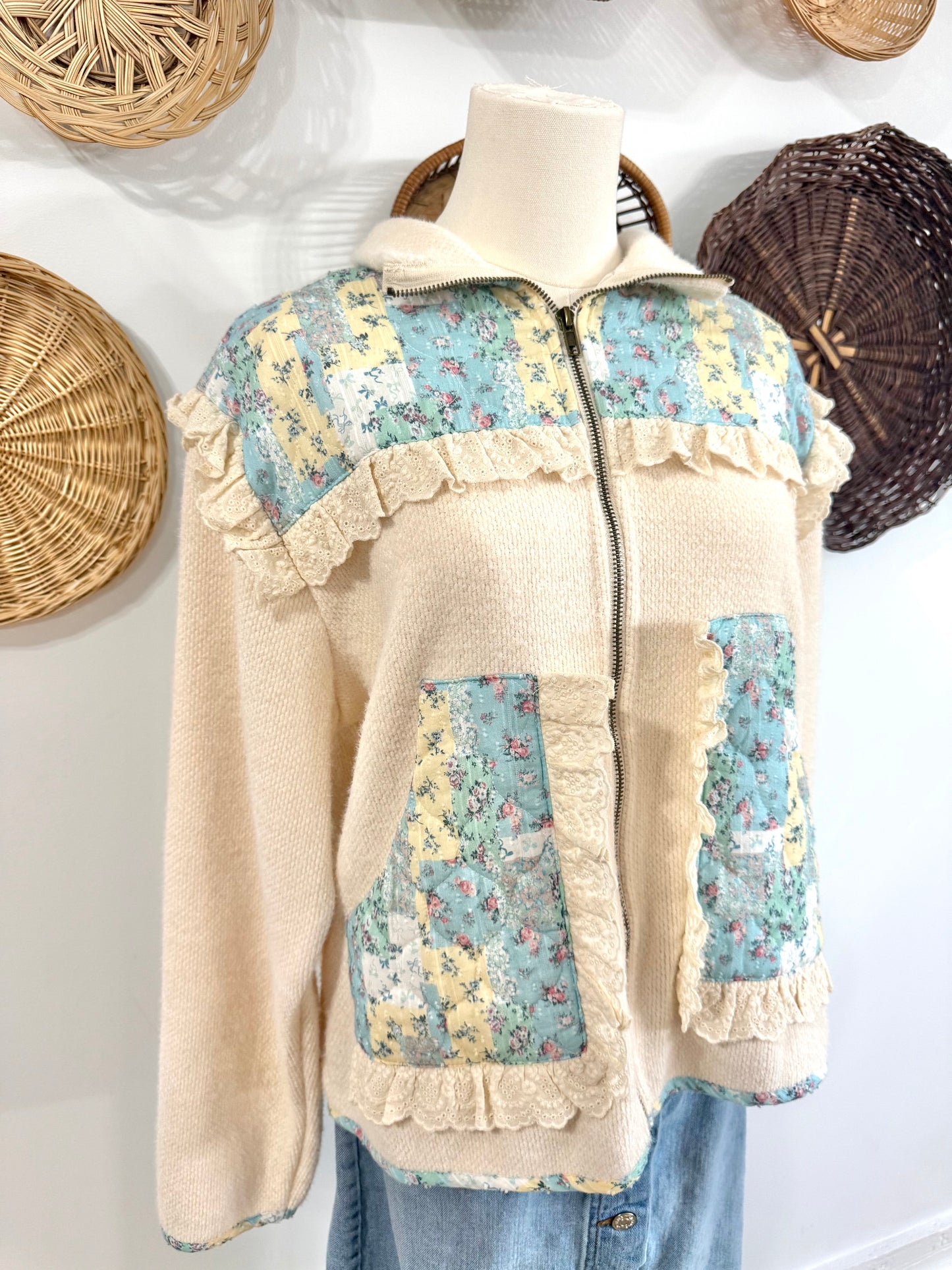 The Frannie Quilt Print Sherpa Jacket w/ Ruffle Detail