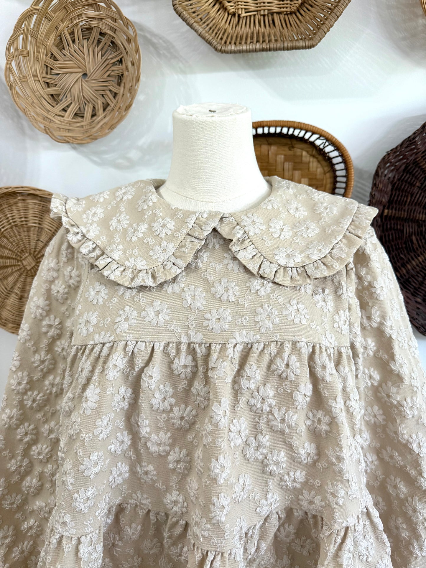 The Pyper Jacquard Floral Collard Dress in Oatmeal