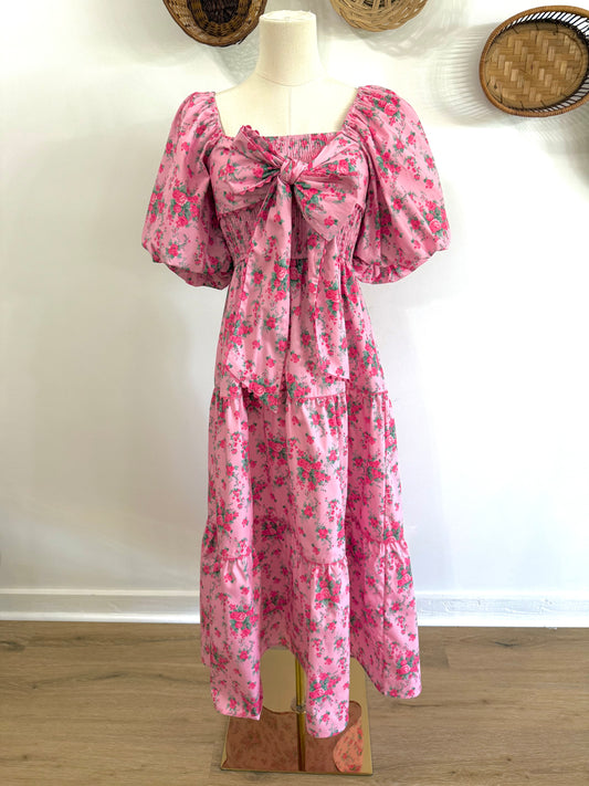 The Everlynn Puff Sleeve Bow Detail Floral Maxi Dress in Pink