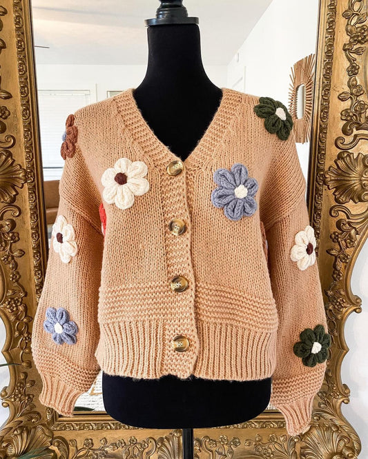 The Lyra Flower Cardigan in Tan