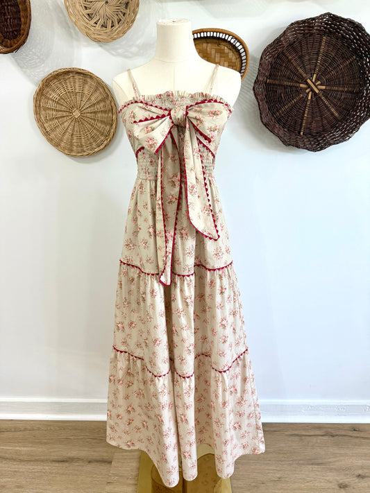 The Abeline Bow Detail Floral Dress in Beige