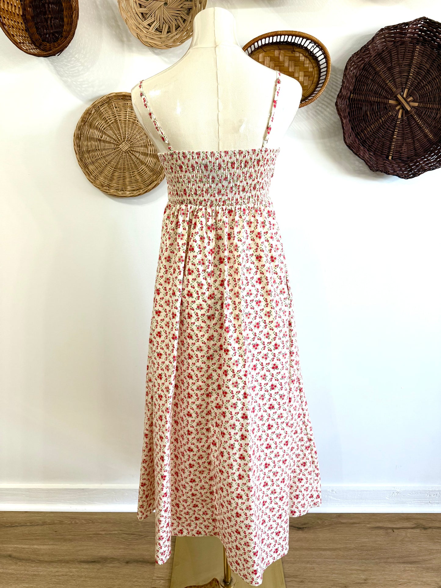 The Talia Pink & Ivory Floral Midi Dress w/ Bow Detail
