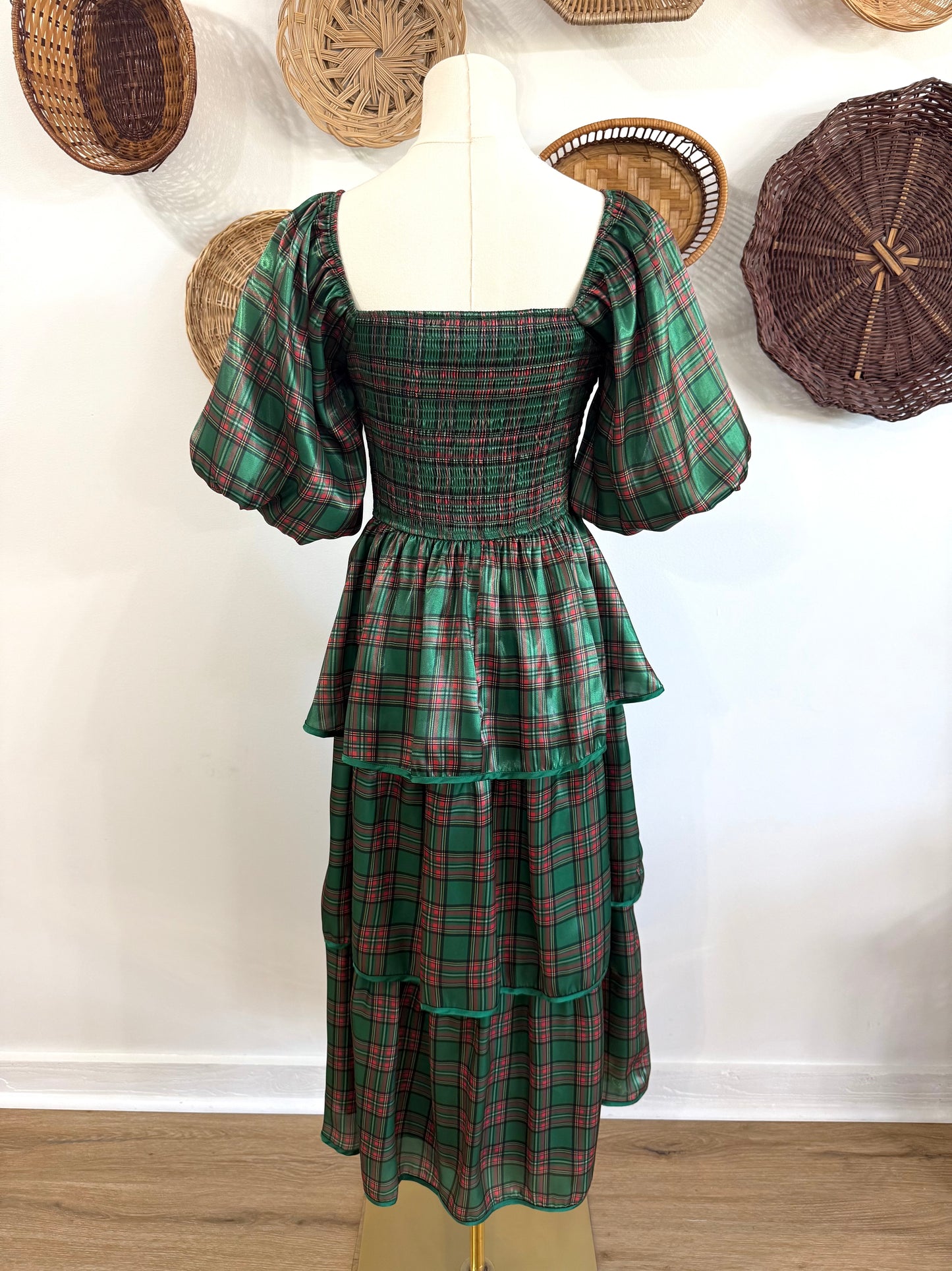 The Merry Tiered Ruffle Midi Dress in Evergreen Plaid