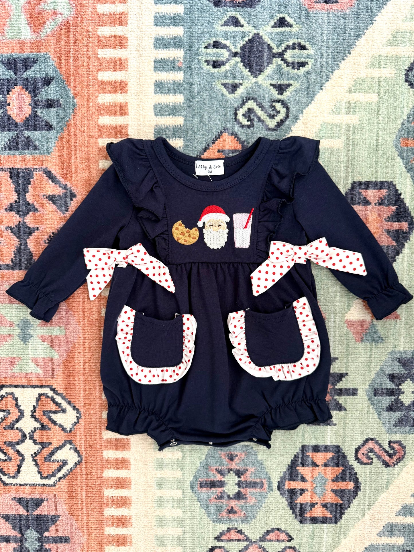 Santa’s Cookies Embroidered Ruffle Bubble in Navy