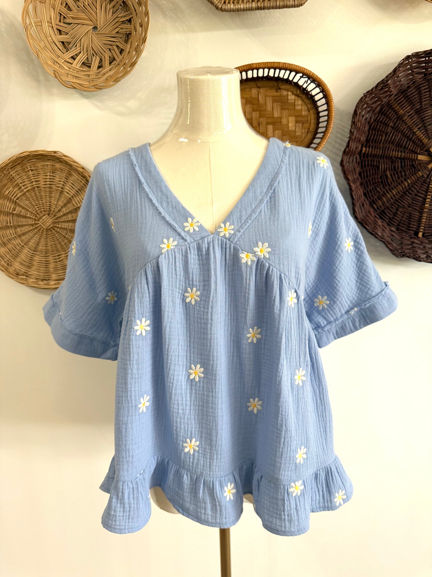 The Luca Gauze Daisy Embroidered Top in Baby Blue