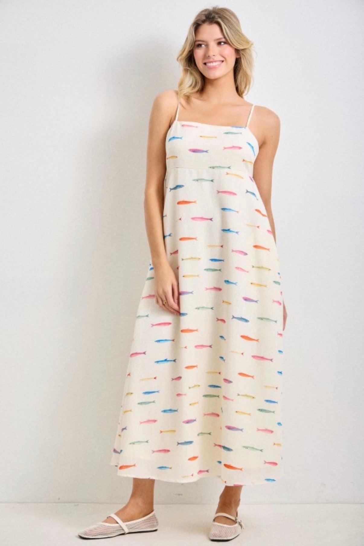 The Pearl Colorful Fish Print Maxi Dress in Cream