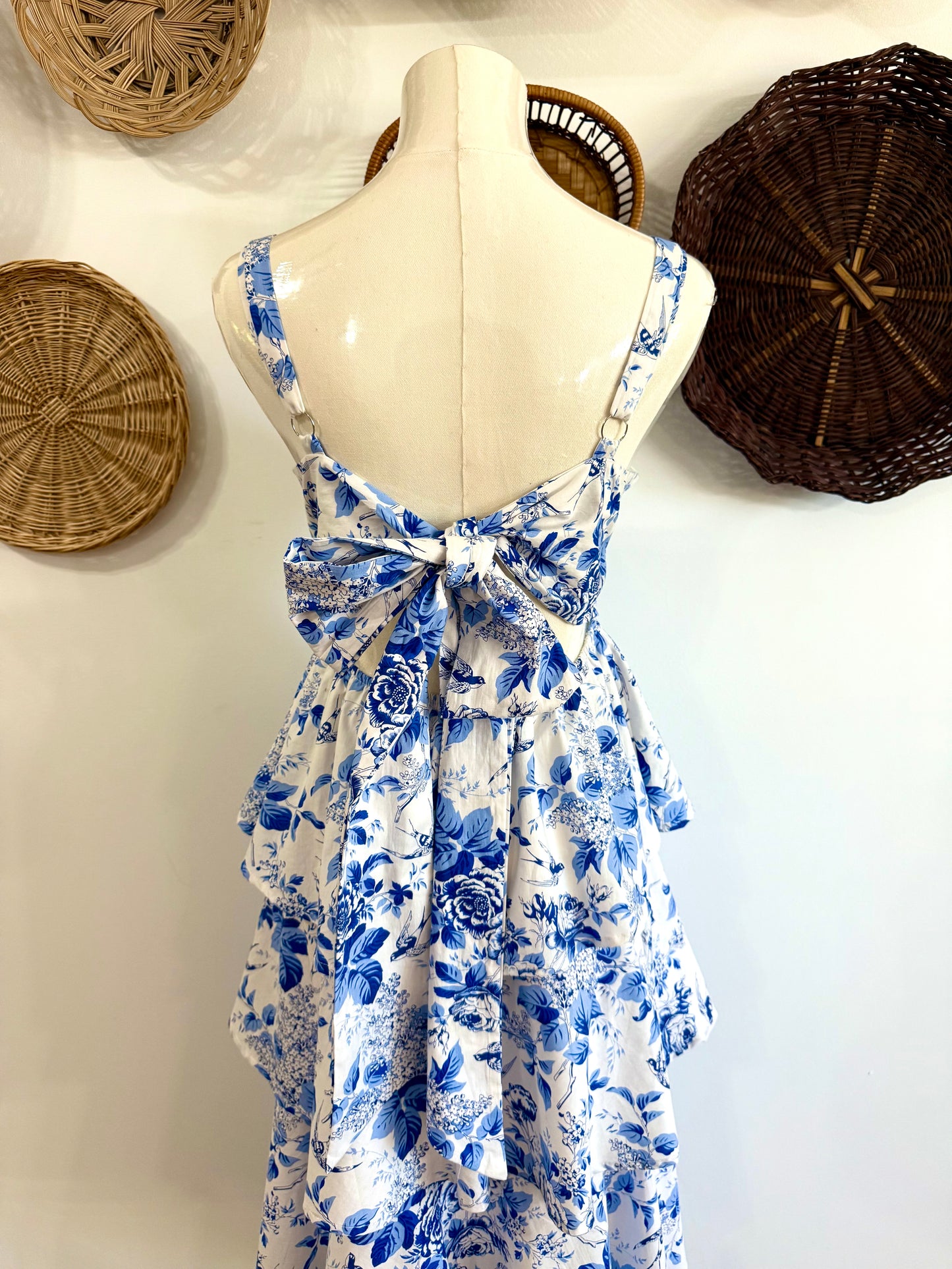 The Nicolette Floral Tiered Ruffle Maxi Dress in Blue & White