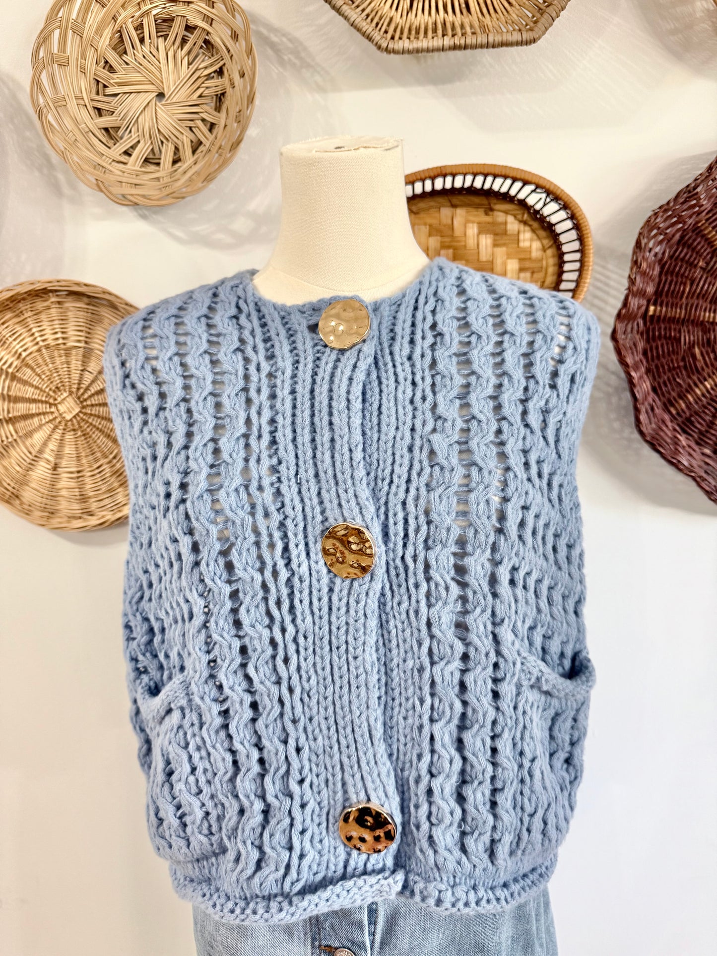 The Mabel Button Up Sweater Vest Top In Dusty Blue