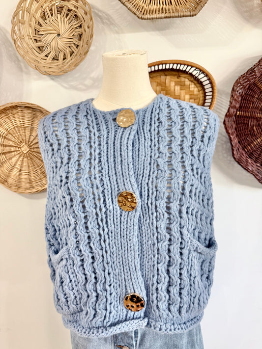 The Mabel Button Up Sweater Vest Top In Dusty Blue