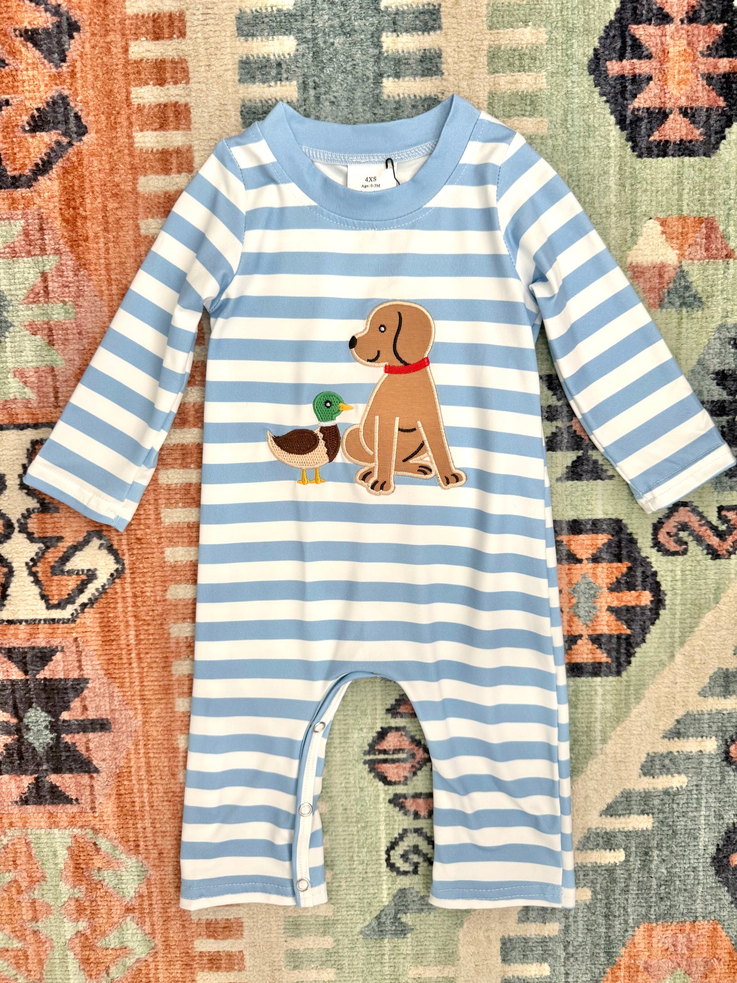 Boy’s Blue & White Striped Romper w/ Puppy & Duck Appliqué
