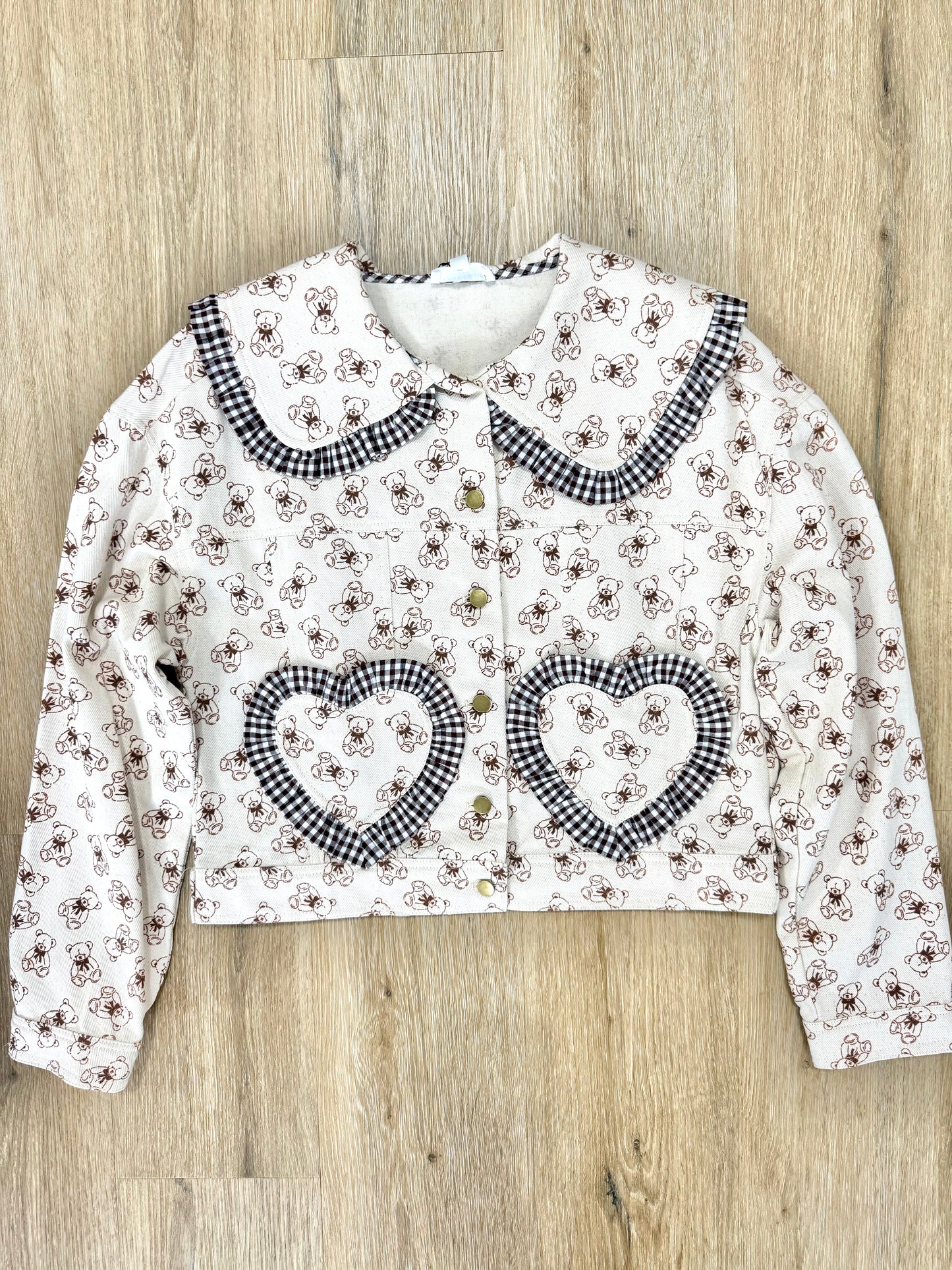 The Lani Bib Collar Teddy Bear Jacket w/ Gingham Detail & Heart Pockets