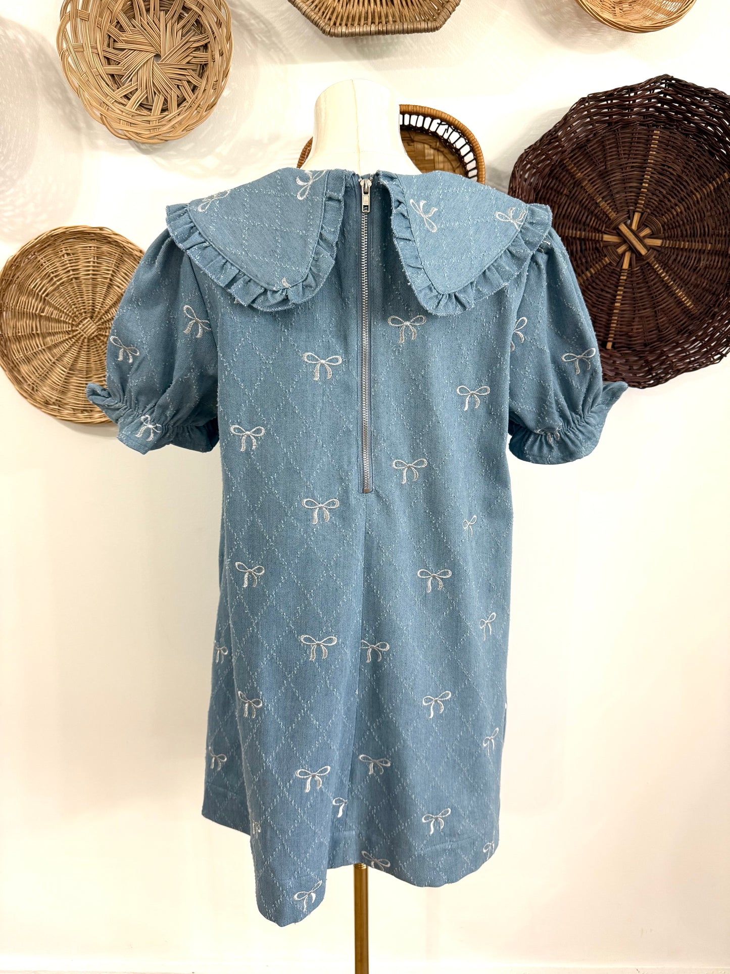The Kai Bow Embroidered Collared Dress in Denim