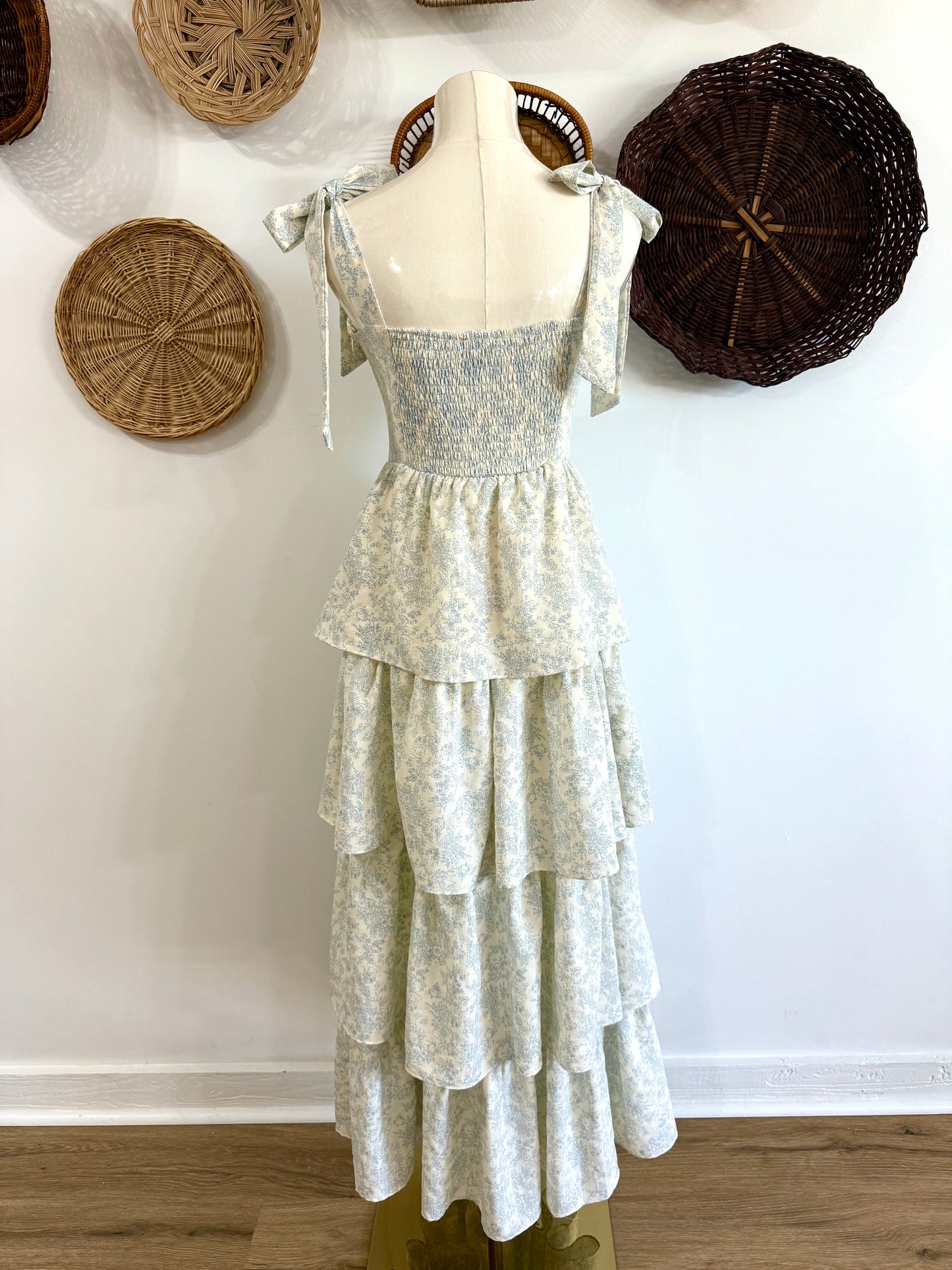 The Shae Floral Ruffle Tiered Maxi Dress in Blue & White