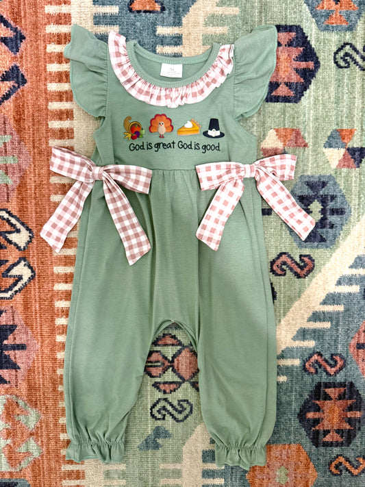 Embroidered “God is Great God is Good” Thanksgiving Romper in Sage