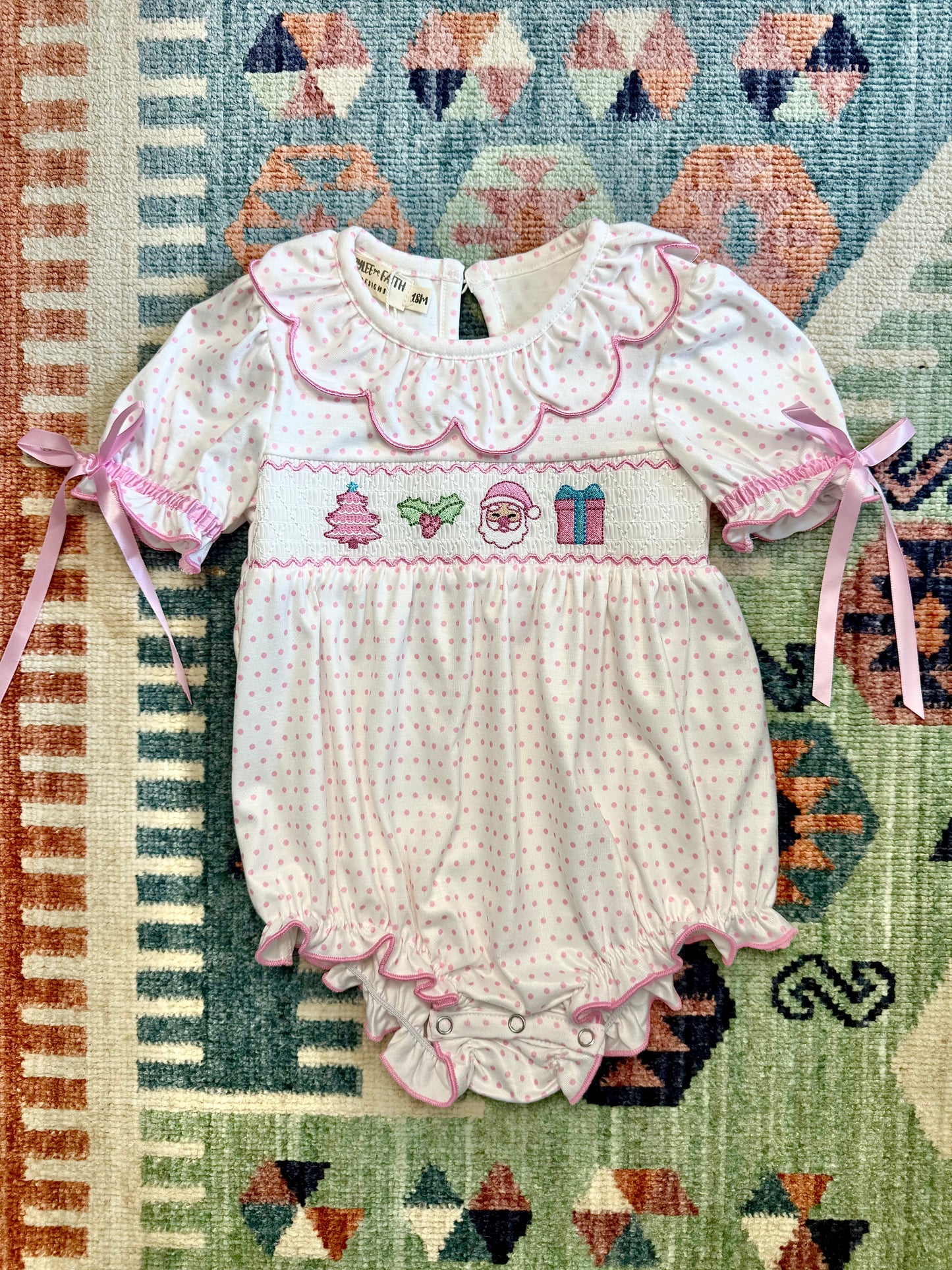 Smocked Pink Christmas Bubble in Polka Dot