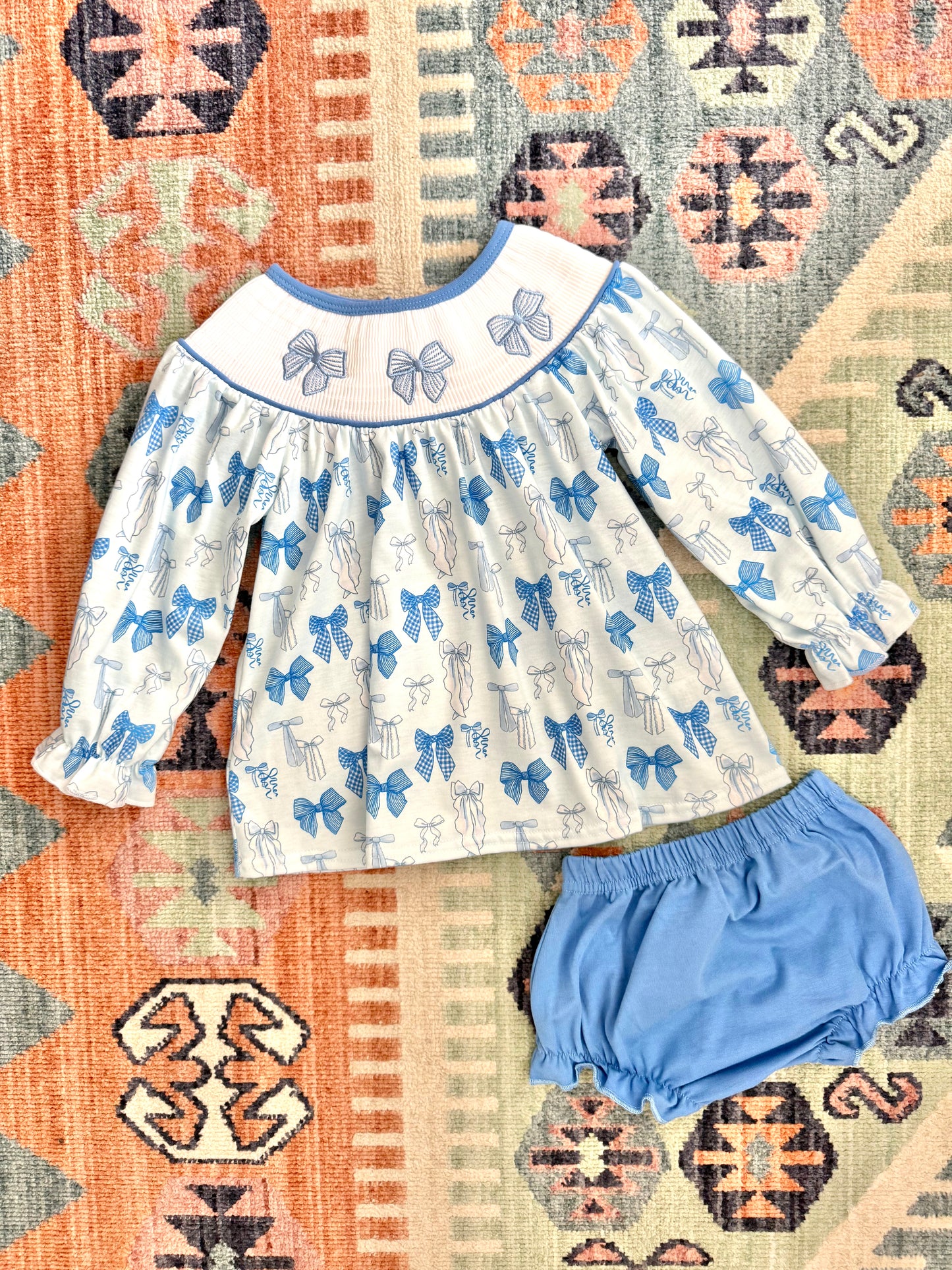 Smocked Blue Bow Print Bloomer Set