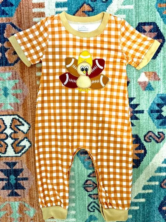 Boy’s Football Feather Turkey Romper in Plaid