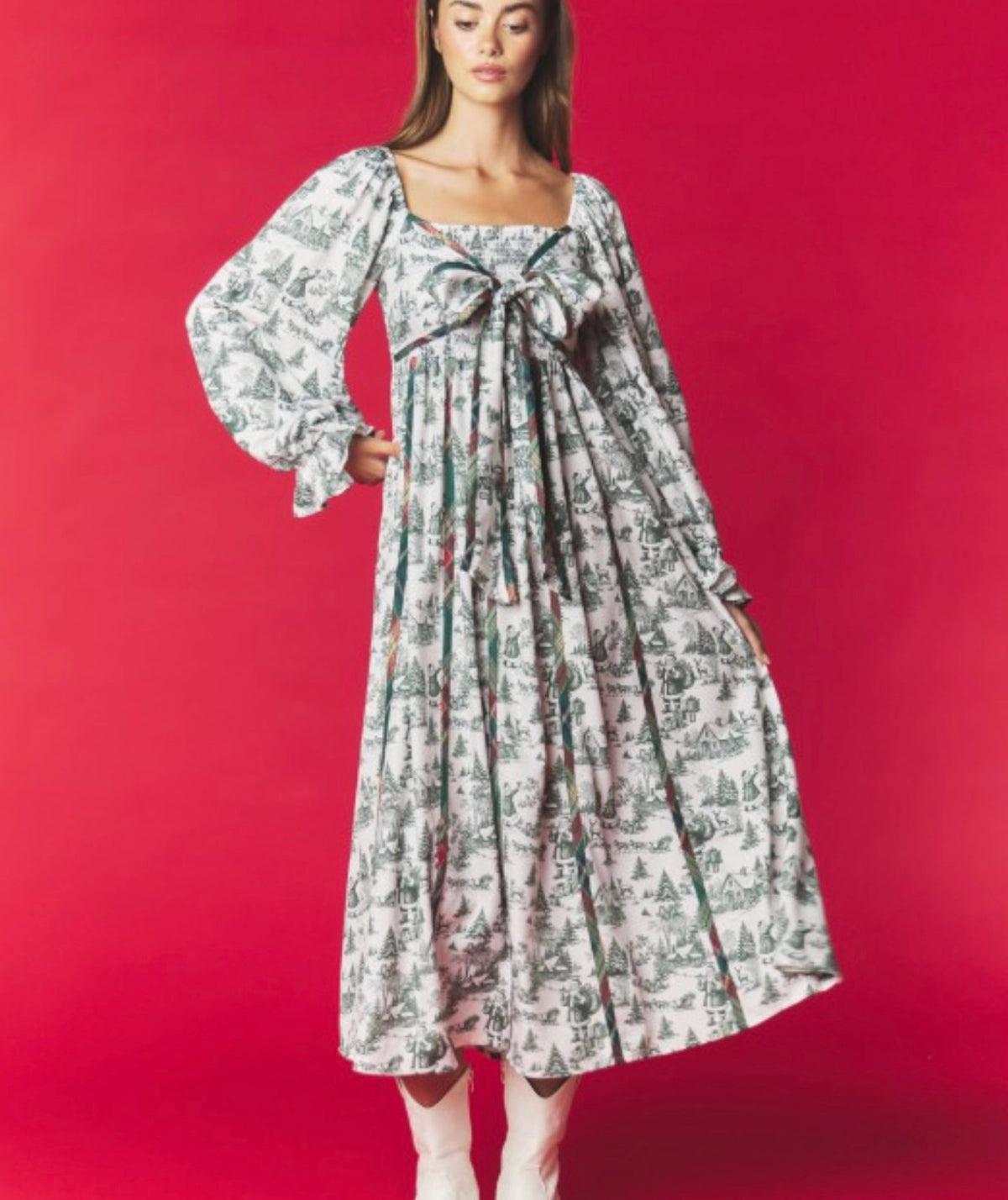 The Merry Christmas Toile Print Bow Front Maxi Dress