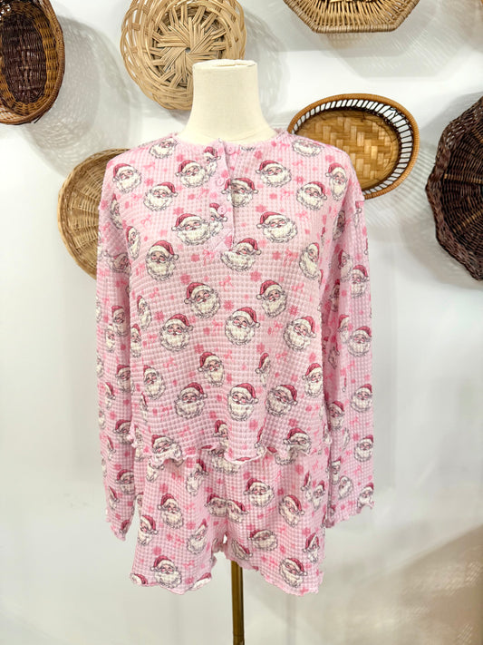 The December Santa Waffle Texture Pajama Set in Pink