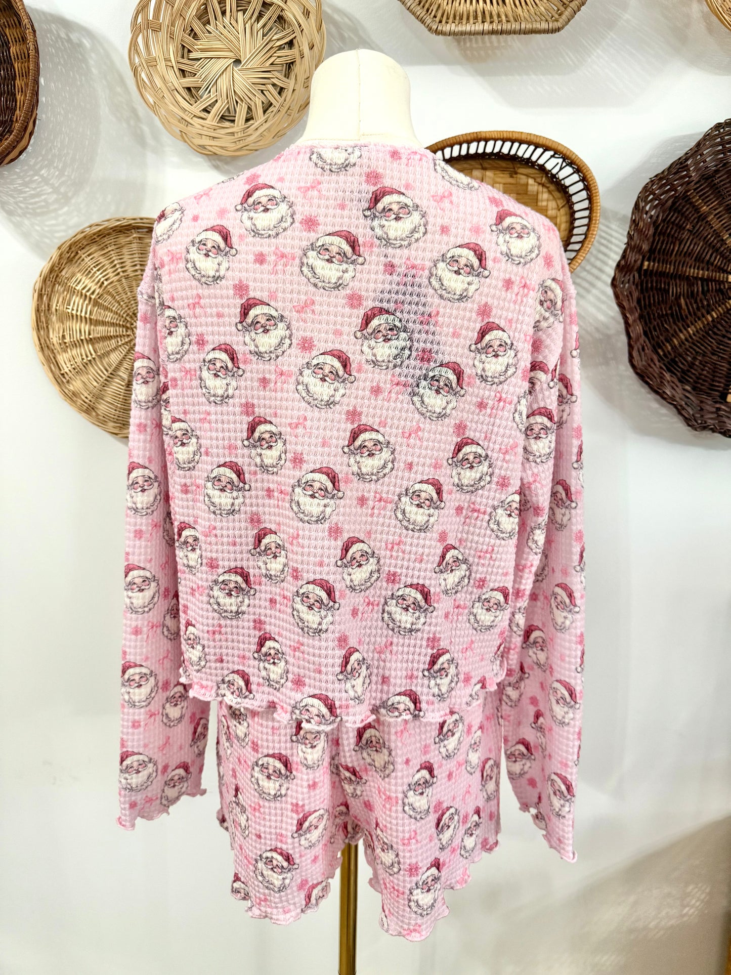 The December Santa Waffle Texture Pajama Set in Pink