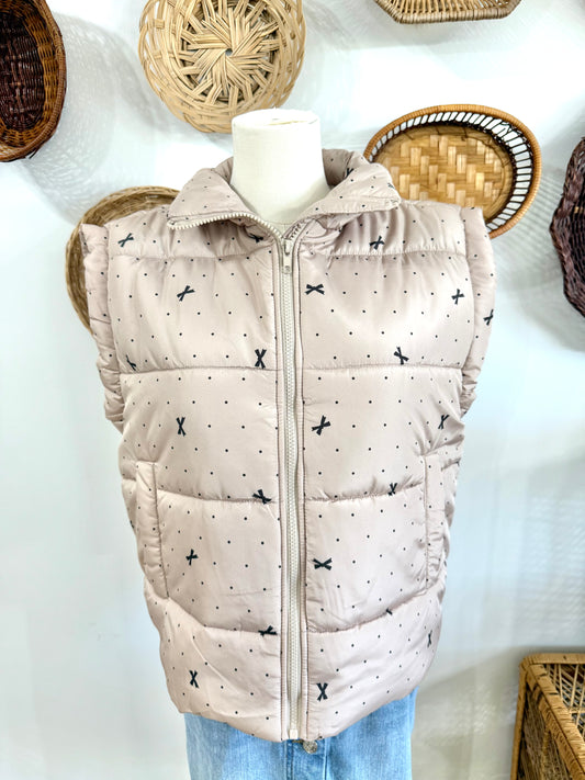 The Whitley Polka Dot & Bow Print Puffer Vest in Khaki