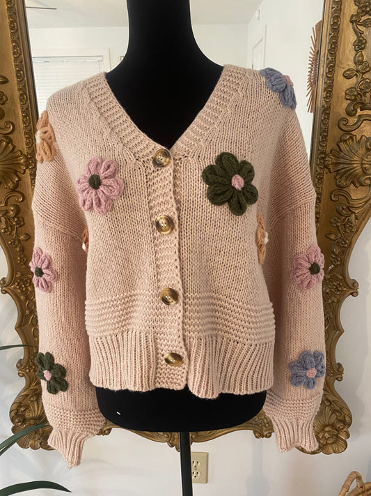 The Lyra Flower Cardigan In Ecru