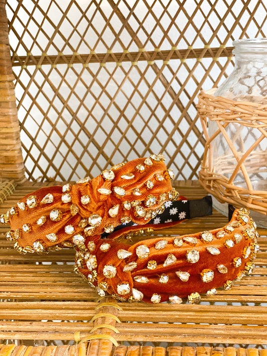 The Freya Velvet Rhinestone Headband in Rust