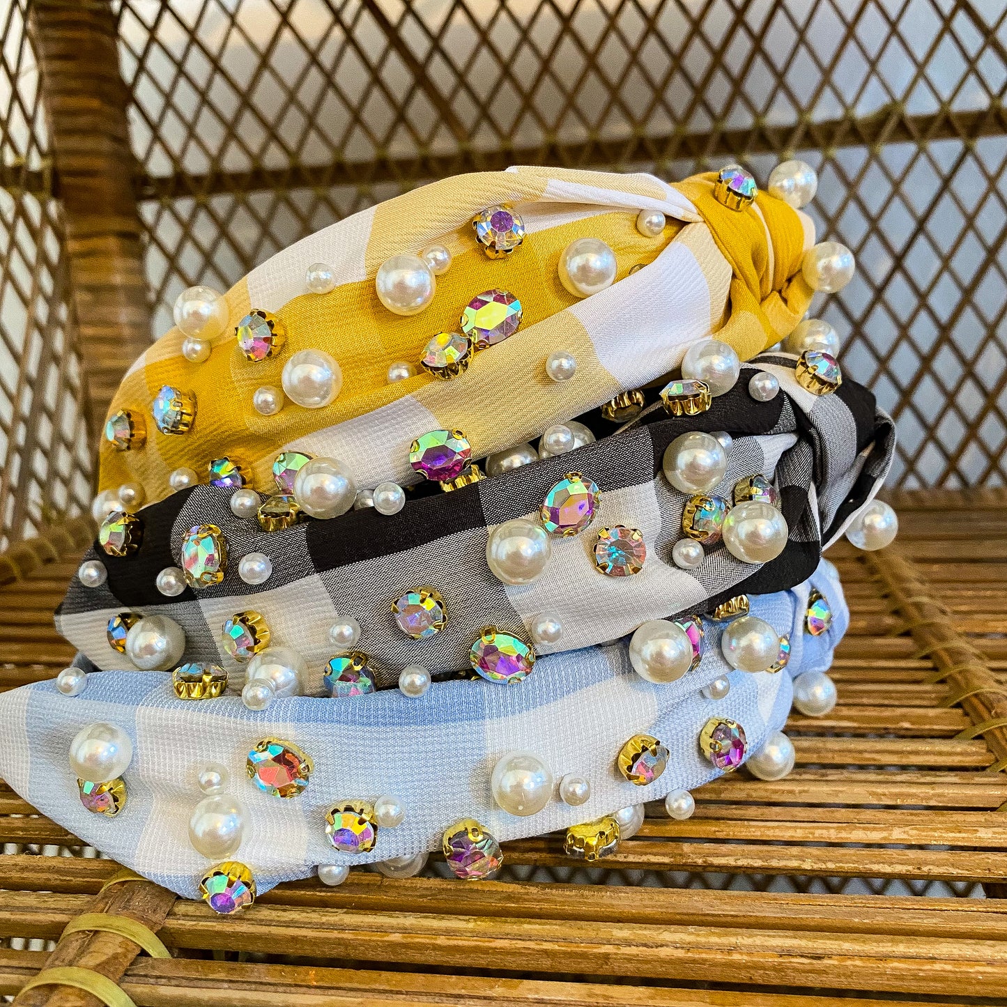 Pearl & Rhinestone Headband in Plaid
