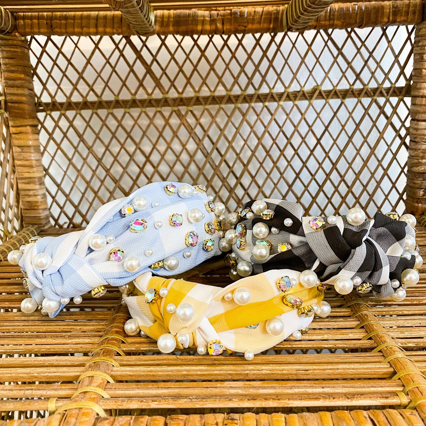 Pearl & Rhinestone Headband in Plaid