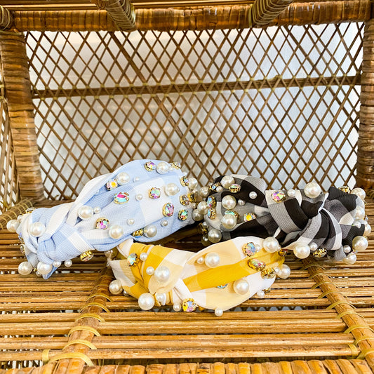 Pearl & Rhinestone Headband in Plaid