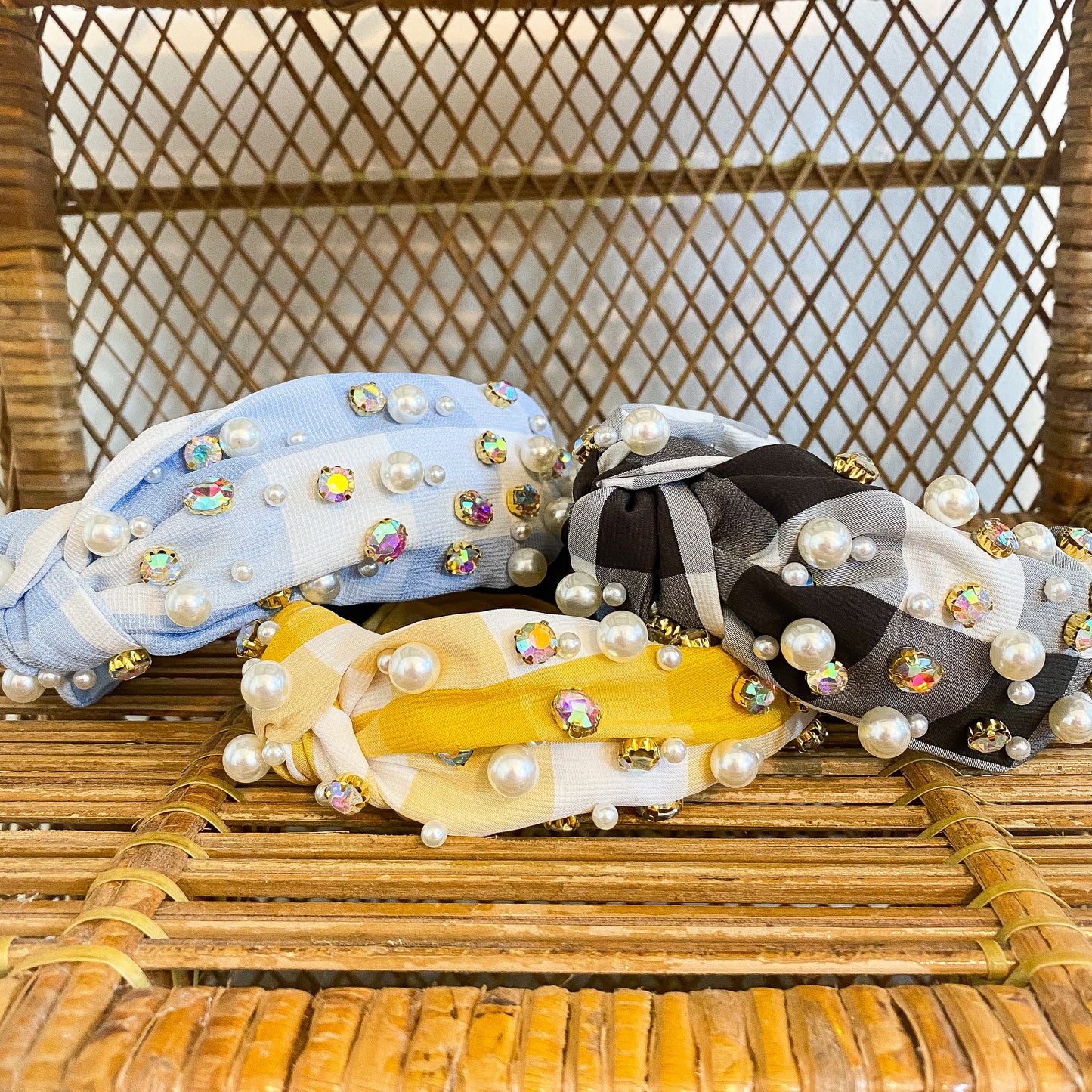 Pearl & Rhinestone Headband in Plaid