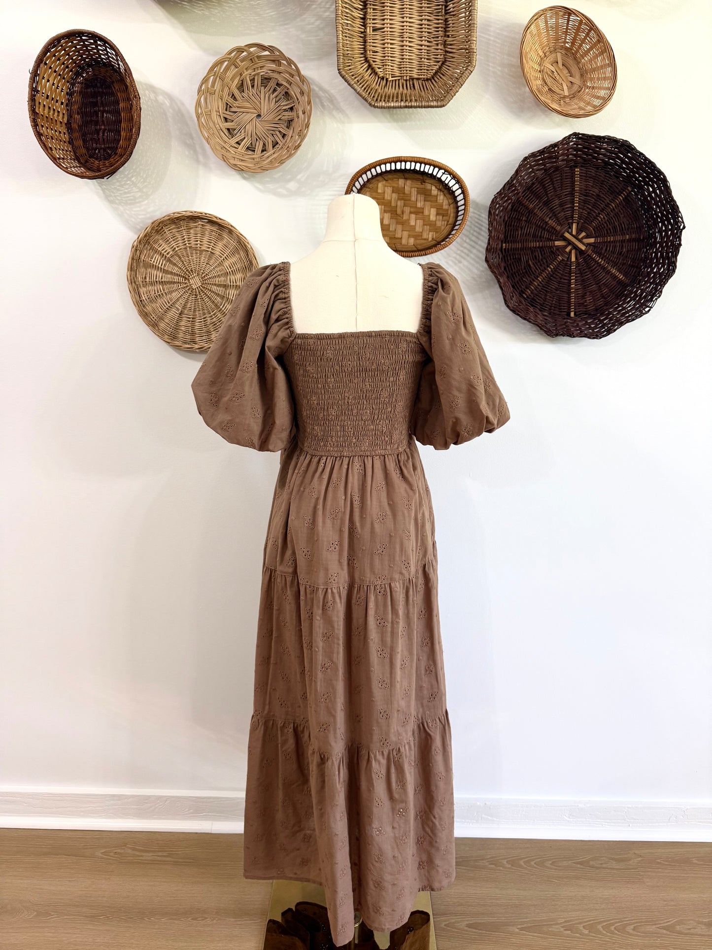The Everlynn Bow Detail Eyelet Maxi Dress in Light Brown